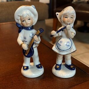 Enesco Delft Figurines, Blue Porcelain Boy and Girl Musical Figurines